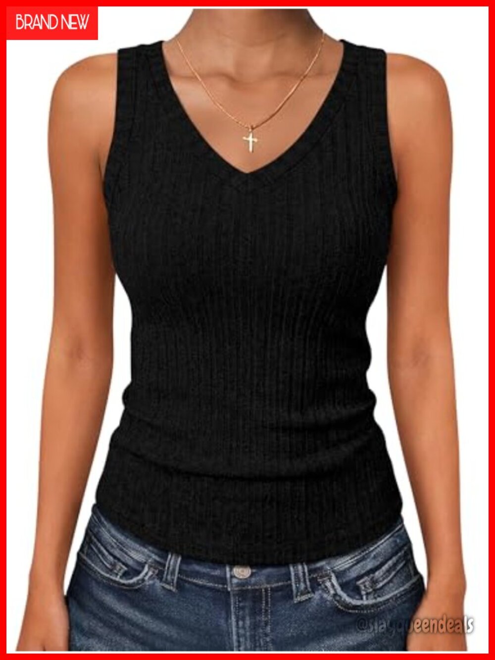 Ribbed Slim Fit V-Neck Tank Top Sleeveless Knit Casual Summer